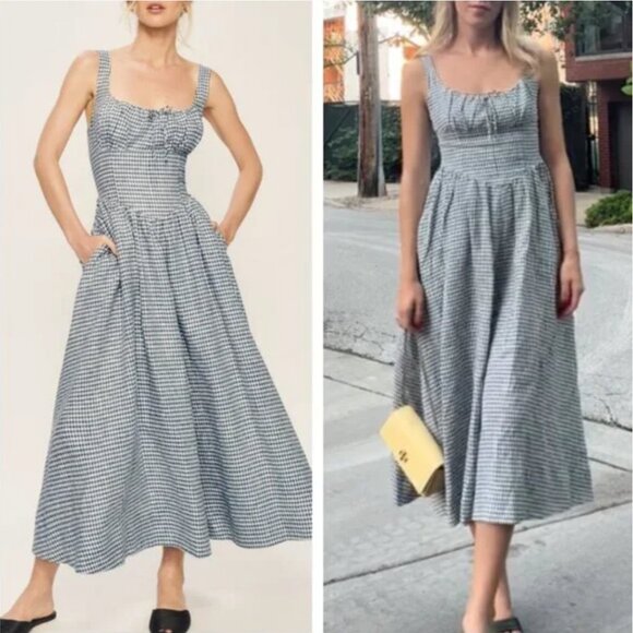 Reformation Dresses & Skirts - BEST Reformation Balia Linen Midi Dress Sz2 Slate Check Linen Blue White Party